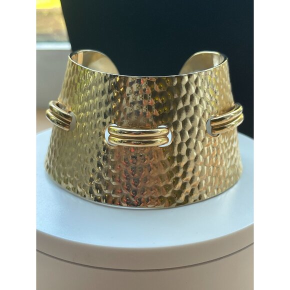 Hammered Gold Plated Ornate Design Cuff Vintage Thick Concave Bracelet Runway 80 - Picture 11 of 14